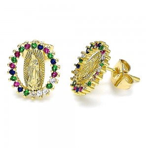 Gold Filled Stud Earrings Guadalupe Design With Multicolor Micro Pave Polished Finish Golden Tone