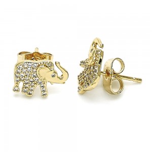 Gold Finish Stud Earring Elephant Design with White Micro Pave Polished Golden Tone