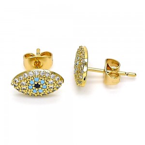 Gold Filled Stud Earrings Greek Eye Design With Sapphire Blue and Turquoise Micro Pave Polished Finish Golden Tone