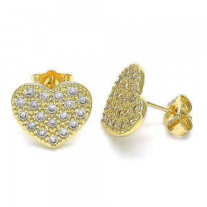 Gold Filled Stud Earrings Heart Design With White Cubic Zirconia Polished Finish Golden Tone