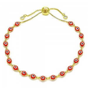 Gold Filled Adjustable Bolo Bracelet Greek Eye Design With White Cubic Zirconia Red Resin Finish Golden Tone