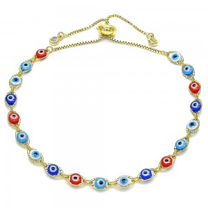 Gold Filled Adjustable Bolo Bracelet Greek Eye Design With White Cubic Zirconia Multicolor Resin Finish Golden Tone