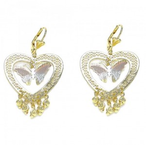 Gold Filled Long Earring Butterfly and Heart Design Polished Finish Tri Tone
