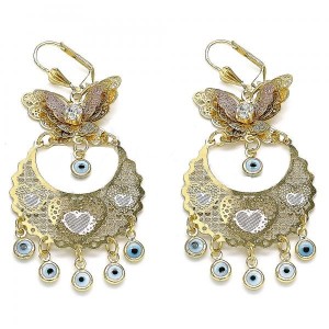 Gold Filled Long Earrings Butterfly and Greek Eye Design White Resin Finish Tri Tone