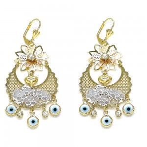 Gold Filled Long Earring Flower and Greek Eye Design With White Crystal White Resin Finish Tri Tone