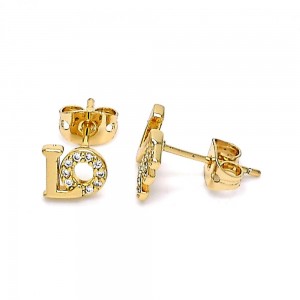 Gold Filled Stud Earrings Love Design With White Micro Pave Polished Finish Golden Tone