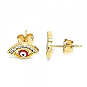 Gold Filled Stud Earring Greek Eye Design With White Cubic Zirconia Red Enamel Finish Golden Tone