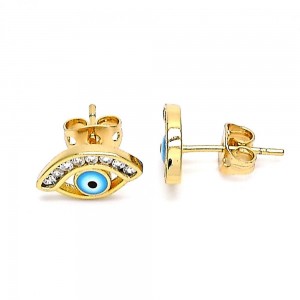 Gold Filled Stud Earring Greek Eye Design With White Cubic Zirconia Enamel Finish Golden Tone