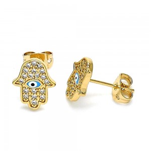 Gold Filled Stud Earring Hand of God Design With White Micro Pave Turquoise Enamel Finish Golden Tone