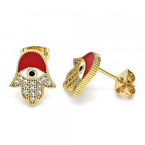Gold Filled Stud Earring Hand of God Design With White and Black Micro Pave Red Enamel Finish Golden Tone