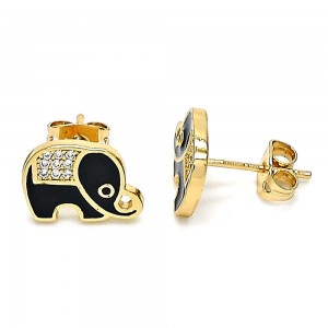 Gold Filled Stud Earrings Elephant Design with White and Black Micro Pave Black Enamel Finish Golden Tone