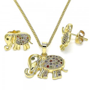 Gold Filled Earring and Pendant Set Elephant Design With Multicolor Micro Pave Polished Finish Golden Tone