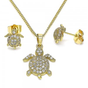 Gold Filled Earring and Pendant Adult Set Turtle Design With White Micro Pave Polished Finish Golden Tone