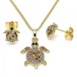 Gold Filled Earring and Pendant Adult Set Turtle Design With Multicolor Micro Pave Polished Finish Golden Tone