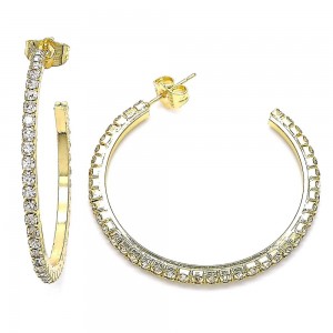 Gold Filled Stud Hoop Earrings 35mm with White Crystal Polished Golden Tone