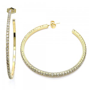 Gold Filled Stud Hoop Earrings 55mm with White Crystal Polished Golden Tone