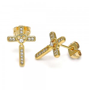 Gold Filled Stud Earrings Cross Design With White Micro Pave Polished Finish Golden Tone