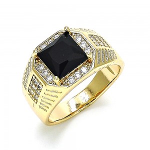 Gold Filled Men's Ring with Black Cubic Zirconia and White Micro Pave Polished Golden Tone