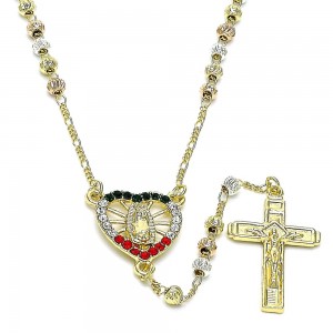 Gold Filled 2mm 22" Medium Rosary Guadalupe and Crucifix Design With Multicolor Crystal Diamond Cutting Finish Tri Tone
