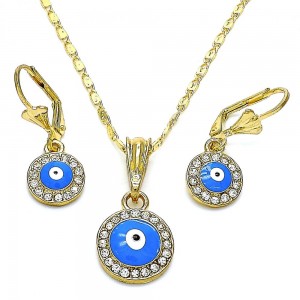 Gold Filled Earring and Pendant Set Greek Eye Design With White Crystal Enamel Finish Golden Tone