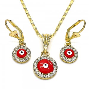 Gold Filled Earring and Pendant Set Greek Eye Design With White Crystal Red Enamel Finish Golden Tone