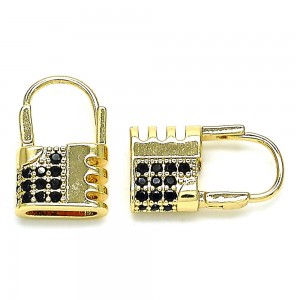 Gold Filled Small Hoop Lock Design With Black Micro Pave Polished Finish Golden Tone