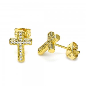 Gold Finish Stud Earring Cross Design with White Micro Pave Polished Golden Tone