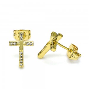 Gold Finish Stud Earring Cross Design with White Micro Pave Polished Golden Tone