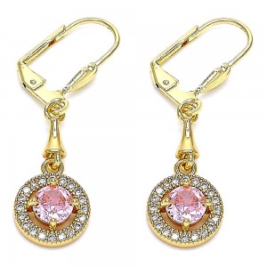 Gold Filled Long Earrings with White Cubic Zirconia and Pink Micro Pave Polished Golden Tone