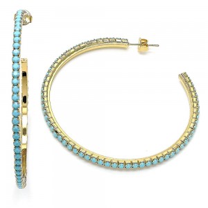 Gold Filled Stud Hoop Earrings 55mm with Turquoise Crystal Polished Golden Tone