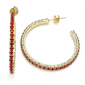 Gold Filled Stud Hoop Earrings 35mm with Garnet Crystal Polished Golden Tone