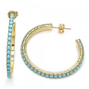 Gold Filled Stud Hoop Earrings 35mm with Turquoise Crystal Polished Golden Tone