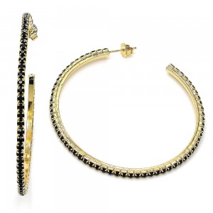 Gold Filled Stud Hoop Earrings 55mm with Black Crystal Polished Golden Tone