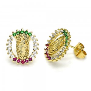 Gold Filled Stud Earring Guadalupe Design With Multicolor Cubic Zirconia Polished Finish Golden Tone