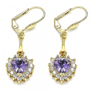 Gold Filled Long Earrings Heart Design with Amethyst and White Cubic Zirconia Polished Golden Tone
