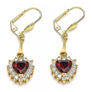 Gold Filled Long Earrings Heart Design with Red and White Cubic Zirconia Polished Golden Tone