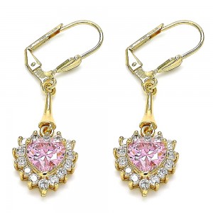 Gold Filled Long Earrings Heart Design with Pink and White Cubic Zirconia Polished Golden Tone