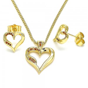 Gold Filled Earring and Pendant Set Heart Design With Garnet Micro Pave Polished Finish Golden Tone