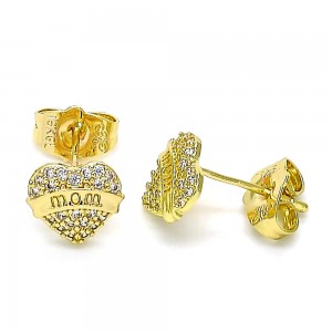Gold Filled Stud Earring Mom and Heart Design With White Micro Pave Polished Finish Golden Tone