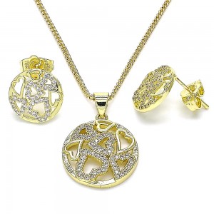 Gold Filled Earring and Pendant Set Heart Design With White Micro Pave Polished Finish Golden Tone