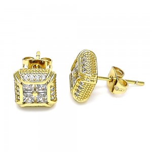 Gold Filled Stud Earring with White Cubic Zirconia and White Micro Pave Polished Golden Tone