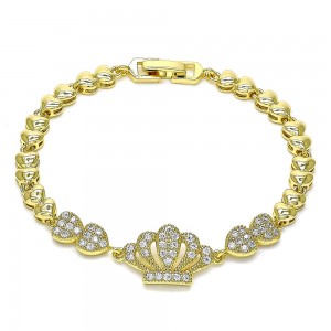Gold Filled Fancy Bracelet Crown and Heart Design With White Micro Pav Polished Finish Golden Tone