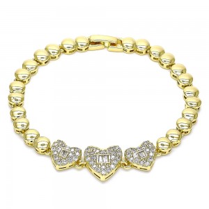 Gold Fancy Bracelet Heart Design With White Cubic Zirconia and White Micro Pave Polished Finish Golden Tone