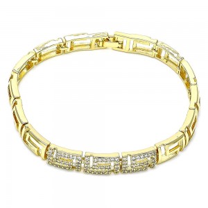 Gold Filled Fancy Bracelet Greek Key Design With White Micro Pave Polished Finish Golden Tone