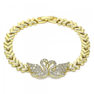 Gold Filled Fancy Bracelet Swan Design With White Cubic Zirconia and White Micro Pave Polished Finish Golden Tone