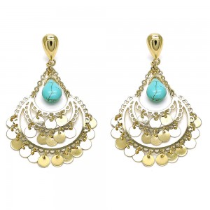 Gold Filled Long Earring Teardrop Design With Turquoise Opal Polished Finish Golden Tone