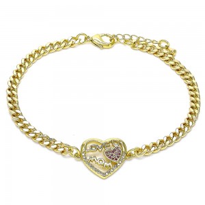 Gold Filled Adjustable Bolo Bracelet Mom and Love Design With White and Ruby Micro Pave Polished Finish Golden Tone