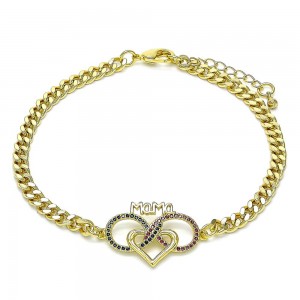 Gold Filled Bracelet Heart and Infinite Design With Ruby and Sapphire Blue Micro Pave Polished Finish Golden Tone