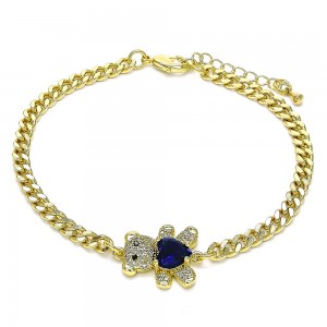 Gold Filled Fancy Bracelet Teddy Bear and Heart Design With Blue Cubic Zirconia and White Micro Pave Polished Finish Golden Tone