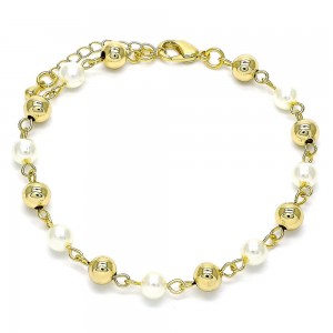 Gold Filled Fancy Bracelet Ball Design with Ivory Pearl Polished Golden Tone